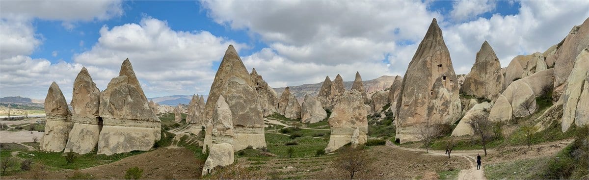 A field of cone-shaped fairy chimneys showing their darker protective caps
