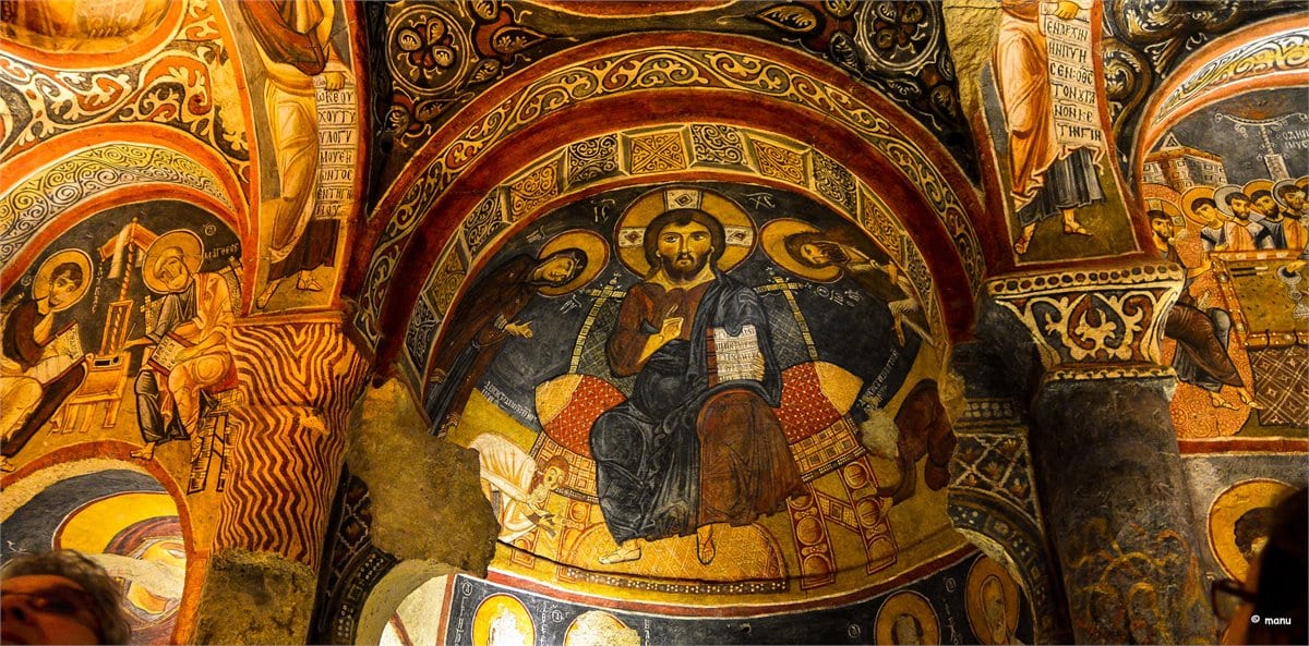Christ Pantokrator fresco painted across the dome of the Dark Church in Göreme